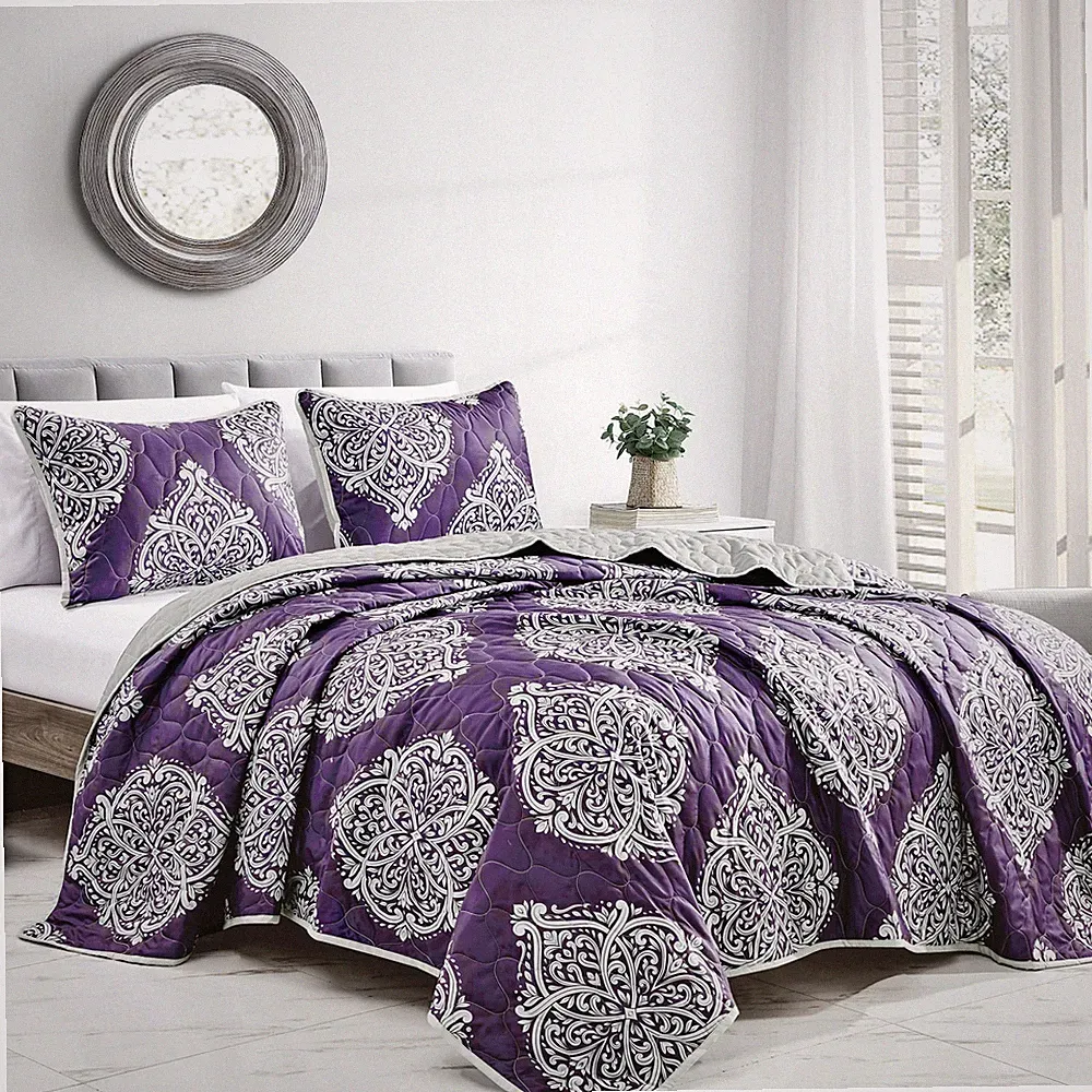 3 PCS Printed Quilt Set Lightweight Purple Coverlets Set Bedding for All Seasons