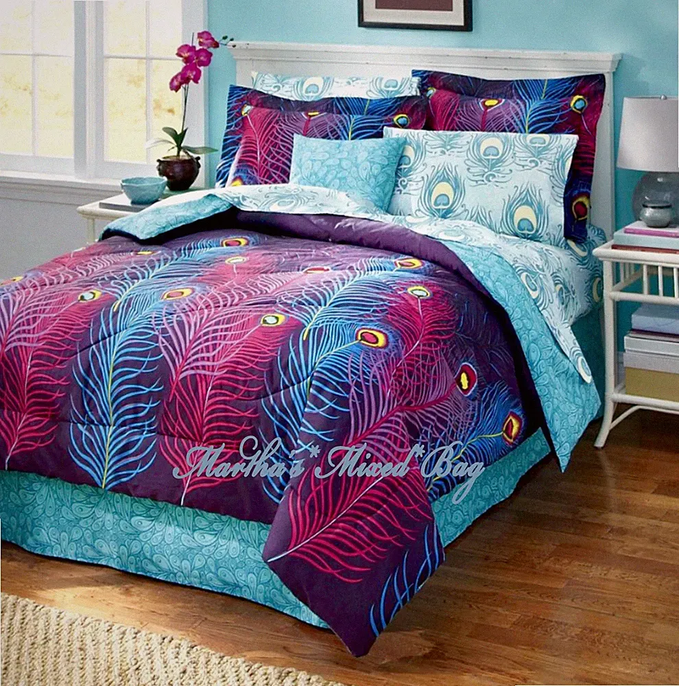 6-8p Modern Purple Peacock Feather Print Comforter Set w/Sheets K/Q/T Sizes