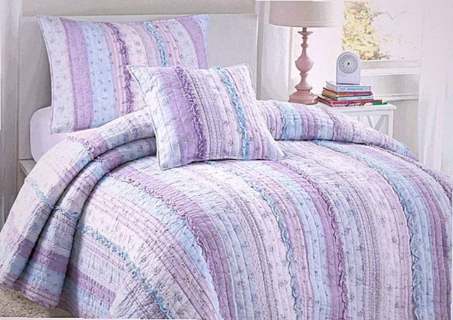 Lilac Romantic Embroidered Chic Lace 100% Cotton Quilt Set, Bedspread, Coverlet
