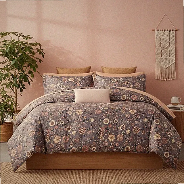 NEW Anthropologie Silky Purple Floral Boho King Bedding Duvet & Floral Sham Set