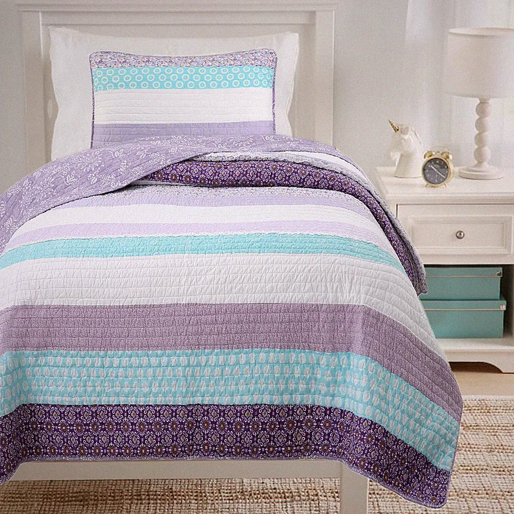 Purple Cosmos Spring Floral Stripe Ruffle Cotton Reversible Quilt Bed Set