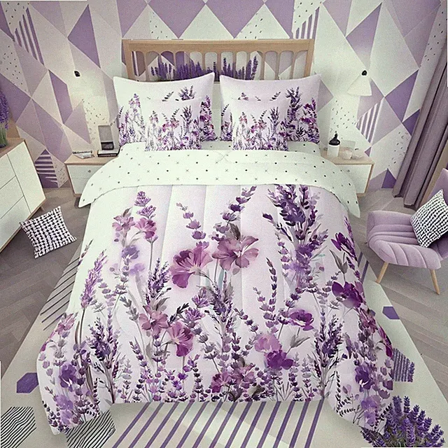 Queen Floral Comforter Set - 7 Piece Purple Plant Bedding